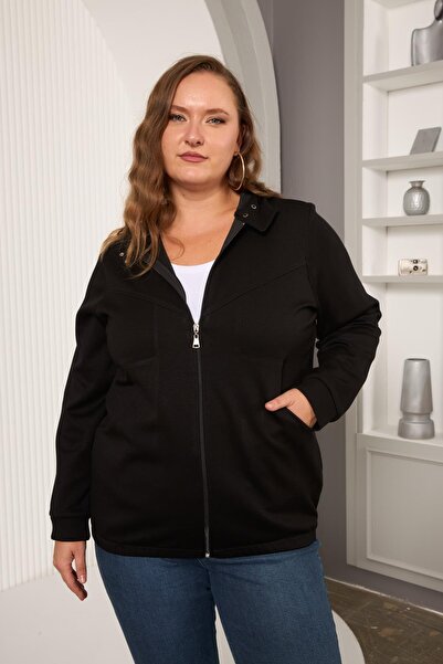 RMG Large Size Sweatshirt with Pocket Detail Black