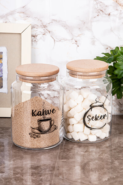Minya Home 2'li Kahve & Şeker Saklama Kavanozu Ahşap Vakum Kapaklı Kavanoz Seti Saklama Kabı 800 ml