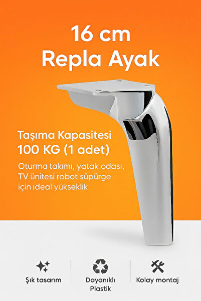 İMT AKSESUAR Repla Mobilya Kanepe Tv Ünitesi Koltuk ve Konsol Ayağı 16 cm Krom