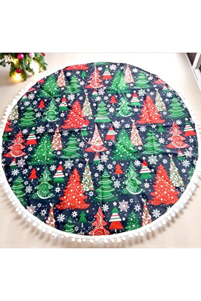 Armada Ponponlu Çam Ağacı Altı Örtüsü – Lacivert Üzeri Kırmızı Yeşil Çam Ağac...