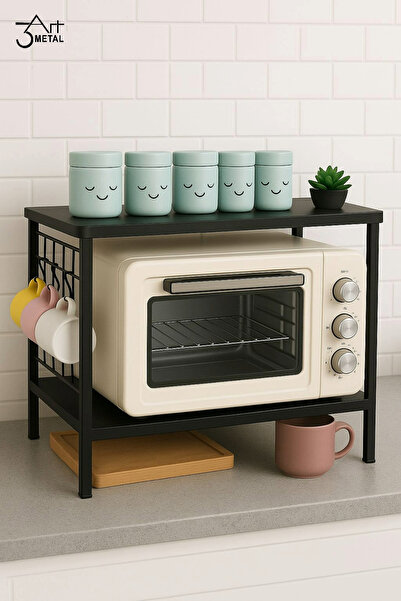 3art Metal Mikrodalga Fırın Üstü Metal Organizer Raf | Mutfak Düzenleyici Raf | Bardak Askılı Çok Amaçlı Stand