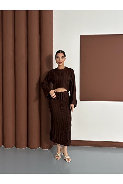 MODAMERSİ Women's Coffee-Colored Spanish Sleeve Ruffle Fabric Skirt Suit