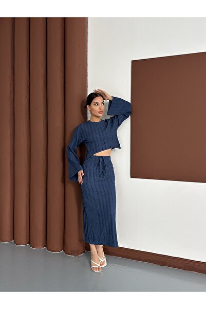 MODAMERSİ Women's Indigo Spanish Sleeve Ruffle Fabric Skirt Suit