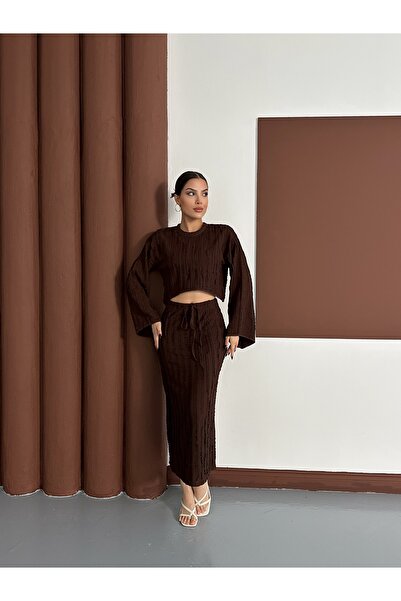 MODAMERSİ Women's Coffee-Colored Spanish Sleeve Ruffle Fabric Skirt Suit