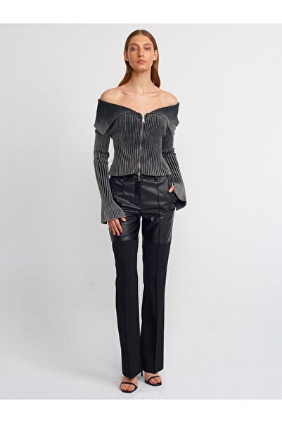 Dilvin 60206 Pale Effect Sleeve Slit Detailed Zippered Knitwear Cardigan-Anthracite