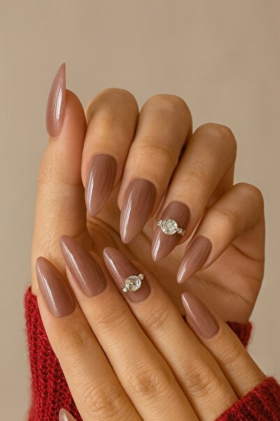 TAKIŞTIR Gül Kurusu Renk Taş Detaylı Jel Tırnak Görünümlü 10'lu Takma Tınak S...