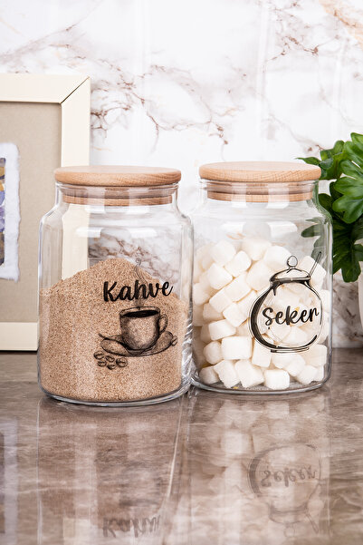 Minya Home 2'li Kahve & Şeker Saklama Kavanozu Ahşap Vakum Kapaklı Kavanoz Seti Saklama Kabı 800 ml