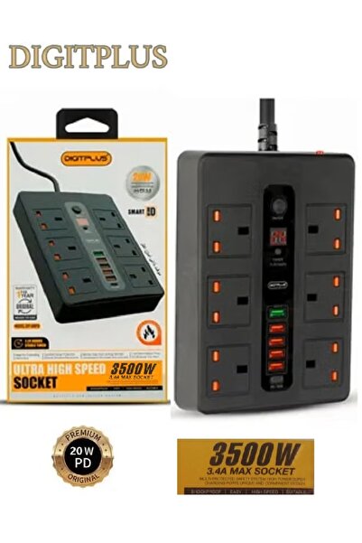 digit plus وصلة كهرباء ديجت بلس 3 متر بمؤقت ذاتي3500 واط 6 مداخل كهرباء 5 منافذ USB ومنفذ PD تايب سي لون أسود