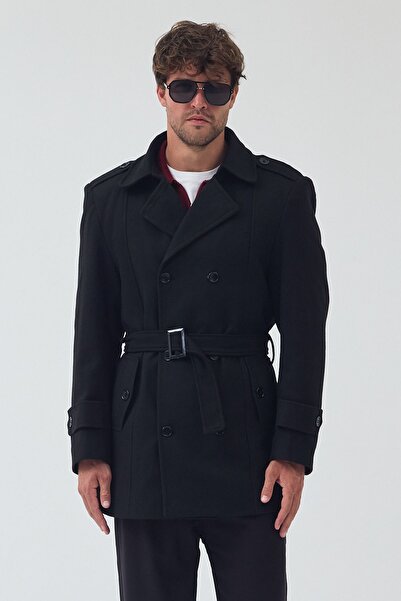 Jaglion Men's Relaxed Fit Windproof Long Black Cashmere Coat