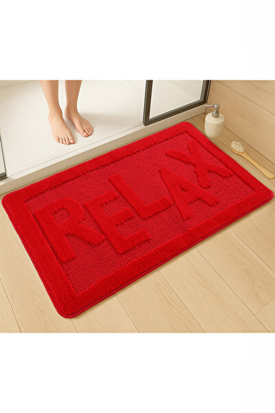 Konfor Halı Doğal Kaymaz Taban Banyo Paspas Uzun Ömürlü Su Emici Yıkanabilir Yazılı Paspas Relax Kırmızı 60x100