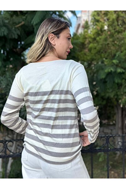 Punta Otantik NC20251 Ιταλική πλεκτή μπλούζα με οριζόντιες ρίγες με λαιμόκοψη σε σχήμα V βιζόν