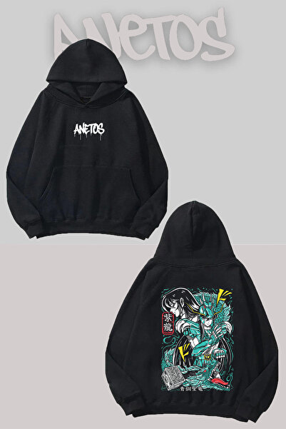 Anetos Saint Seiya Sırt cu imprimeu Negru cu glugă Swea tricou