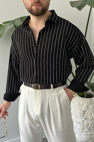 BayAygün 5080 Ipk Modal Rahat Kalıp Çizgili Gömlek _Siyah