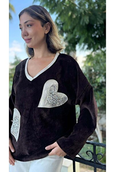 Punta Otantik Ls1119 Italian Heart Pattern Velvet Blouse Brown