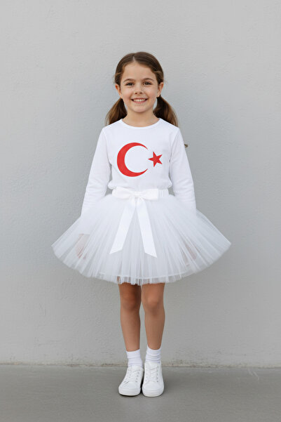 nacar çarşı Κοριτσίστικο λευκό μακρυμάνικο μπλουζάκι με στάμπα φεγγάρι και ασ...