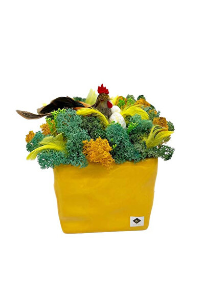 velve Aranjament Squerees, in vas patrat cu licheni criogenati,gainusa cu oua si pene naturale, Galben