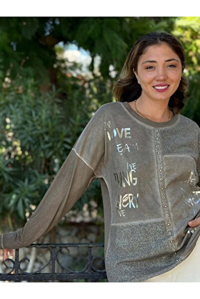 Punta Otantik NC53761 Hanorac din bumbac cu litere și piatră italiene Mink