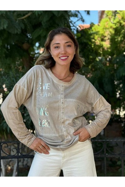 Punta Otantik Nc53761 Italian Written and Stoned Cotton Sweatshirt Cream