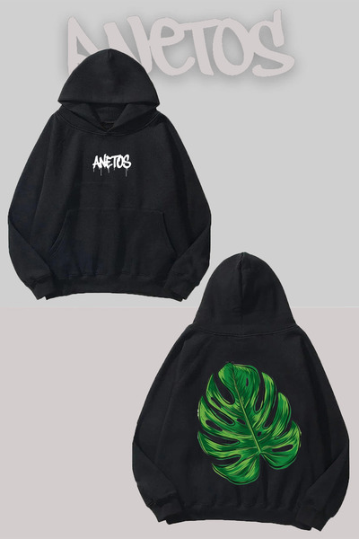 Anetos Foaie 3 Spate cu imprimeu Negru cu glugă Swea tricou