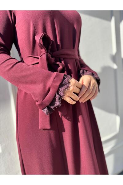 MissWhence 38823 Guipure Detailed Women's Dress Burgundy