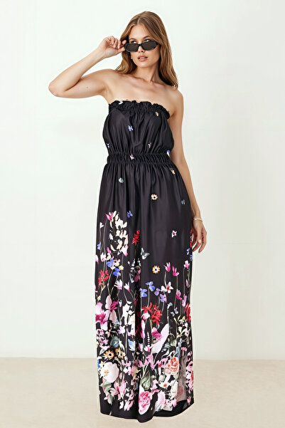 armonika Γυναικείο μαύρο φόρεμα ελαστικό στράπλες με σχισμή μακρύ φόρεμα ARM-25Y001105