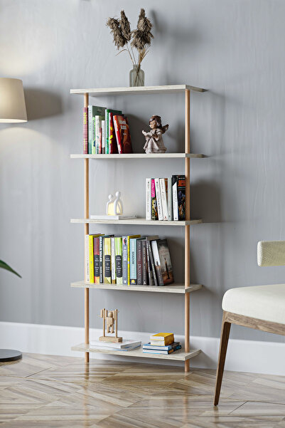 EGEMODÜLER 5 Raflı Duvara Monte Ahşap Kitaplık Dekoratif Kitaplık Duvar Rafı ...