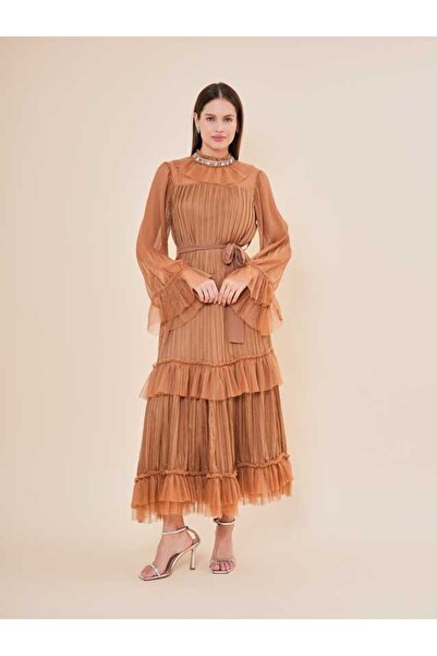 SERPİL Şifon Kat Kat Piliseli Uzun Kollu Kuşaklı Maxi Elbise 51119