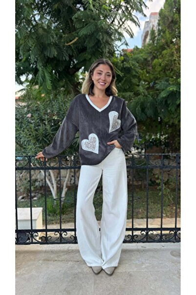 Punta Otantik Ls1119 Italian Heart Pattern Velvet Blouse Smoked