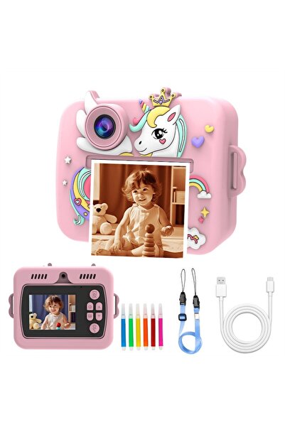 VALA Aparat foto copii cu printare COLOR, VALA® 8K COLOR UNICORN, Camera duala fata-spate, Roz