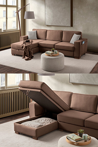 Eymense Corner Köşe Koltuk Takımı Sandıklı Kahverengi