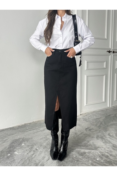 blue marlın KADIN SİYAH UCU KESİK ÖN YIRTMAÇ KOT ETEK