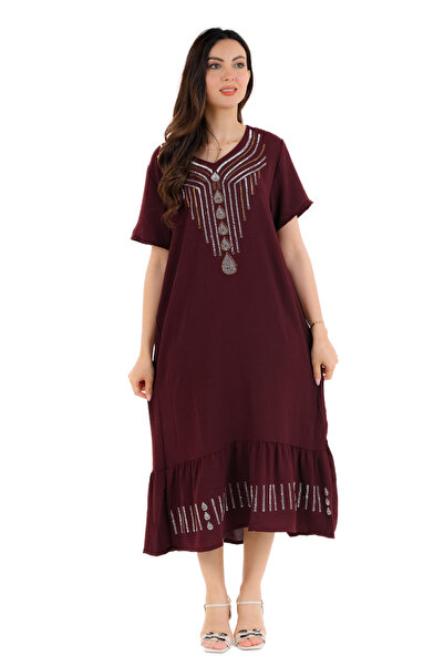 amaan Women's Modern Embroidered Jalabiya Dress CEY Fabric with Crystal Rhinestone Embellishment, Modest