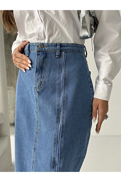 blue marlın KADIN ÖN YIRTMAÇ FERMUARLI MAVİ KOT ETEK