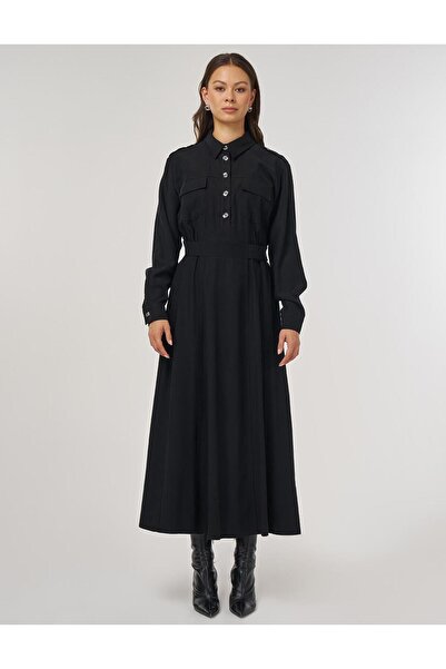 Kayra Cep Detaylı Rayon Elbise Siyah 23046-26k