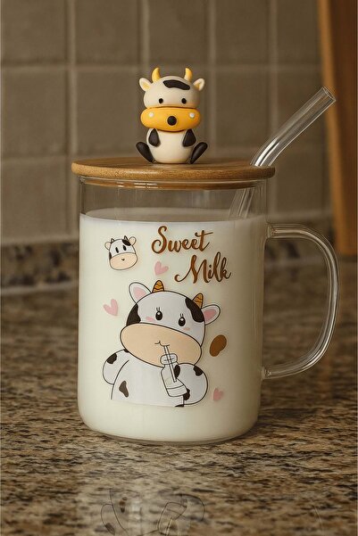Jenisa Cow Figured Glass Mug – Soft Drink Glass with Bamboo Lid and Glass Straw - Sweet Milk