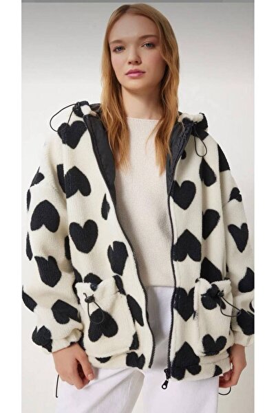 LACASE Kapüşonlu Kalpli Peluş Mont SİYAH BEYAZ LRI0005