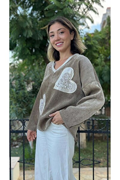 Punta Otantik Ls1119 Italian Heart Pattern Velvet Blouse Mink