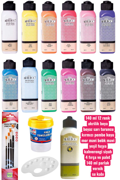 SEYFİKİRTASİYE 140 ml 12 renk akrilik boya seti 4 fırça palet 140 ml parlak vernik su kabı ahşap boyama sanat seti