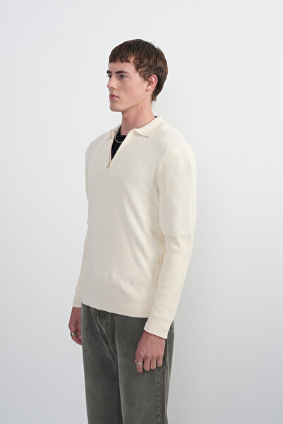 SILVANO Men's Basic Long Sleeve Cream Knitwear Polo Neck T-Shirt