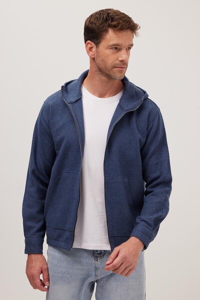 Tudors Men's Relaxed Fit Comfortable Cut Zippered Double Pocket Hooded Indigo Jacket Shirt
