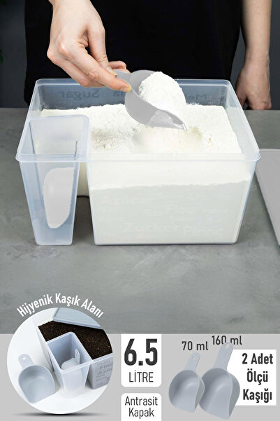 İronika Flour Sugar Detergent Storage Stacking Container with Measuring Spoon Measured Storage Box 6.5 Liters Anthracite