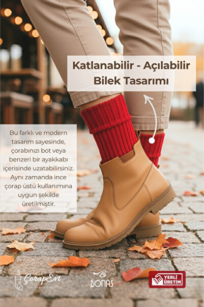 Bonas Kadın Renkli Kışlık Kalın Yünlü 3 Çift Çorap Seti - Katlanan Açılan Bilek Tasarımlı, Standart Beden