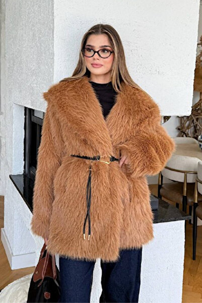 Nana & Mayka Moda Women's Camel Belted Shawl Collar Faux Fur Coat – Lined, Double Breasted, Overcoat