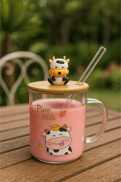 Jenisa Cow Figured Glass Mug – Soft Drink Glass with Bamboo Lid and Glass Straw - Pure Milk