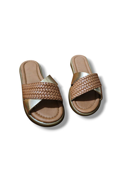 BARONES SHOES شبشب نسائي من الجلد الطبيعي باللون البني المحبوك ذو حزام متقاطع