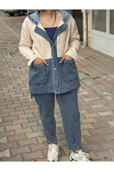 Leova Renk Bloklu Denim Detaylı Kadın Ceket