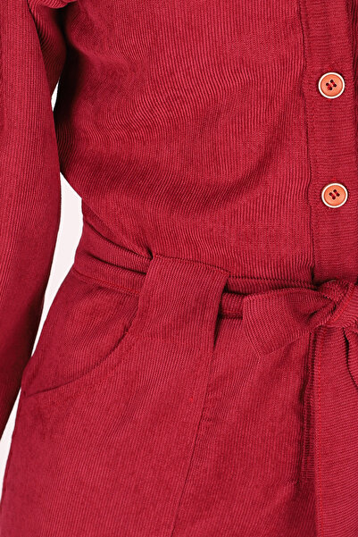 armonika Kadın Bordo Önden Düğmeli Cepli Kuşaklı Kadife Tulum ARM-25K001084