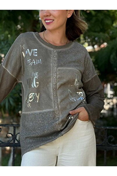 Punta Otantik NC53761 Hanorac din bumbac cu litere și piatră italiene Mink