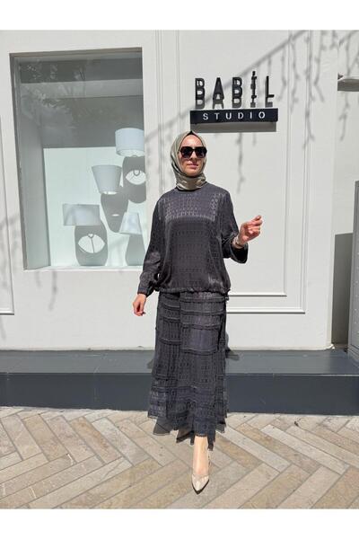 MissWhence 38025 Lace Detailed Silk Women's Suit Anthracite