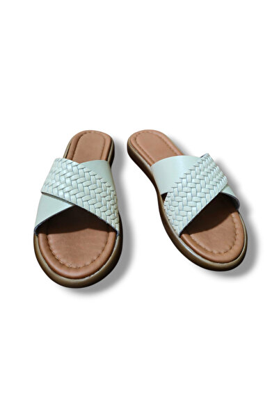 BARONES SHOES Women's Knitted Flat Genuine Leather Cross Strap Slippers